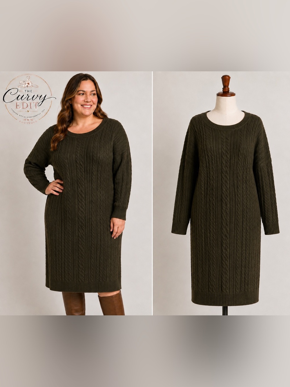 Bob Timberlake XXL Olive Cable Knit Sweater Dress Midi Relaxed Cozy Cottagecore